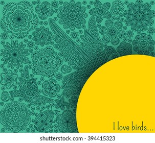 Romantic background with flowers, birds and ladybug. Decorative dove and sparrow. Romantic floral pattern. Good for invitation cards, banners, flyers. Turquoise and yellow colors. Vector illustration