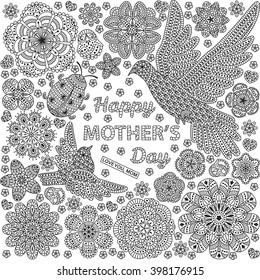 Romantic background with flowers, birds and ladybug. Card design for Happy Mothers Day. Vector illustration. 