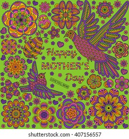 Romantic background with flowers, birds and ladybug. Card design for Happy Mothers Day. Vector illustration. 