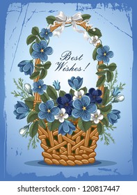 Romantic background with flowers of forget-me-not in the basket, painted in vintage style