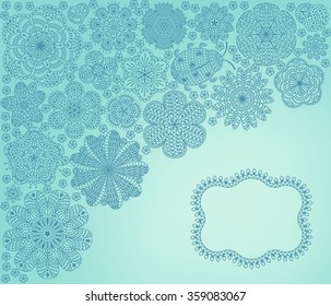 Romantic background with flowers and ladybug. Floral card design with place for your text. Blue pattern on spring theme. Detailed vector illustration. 