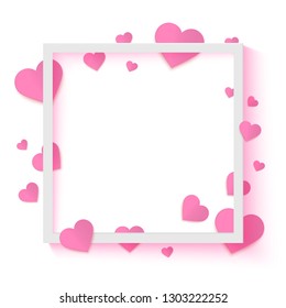 Romantic background, frame with pink hearts, Valentine, Women's Day banner template, vector illustration