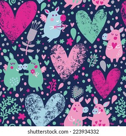 Romantic background with funny pigs, flowers and hearts in vector. Seamless pattern