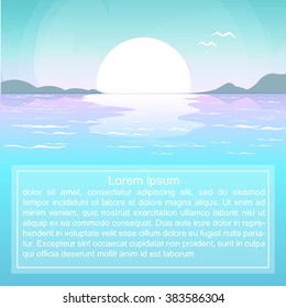 Romantic background in gentle blue tones. Sunset on the sea. Seascape. Sea horizon. Vector summer poster.