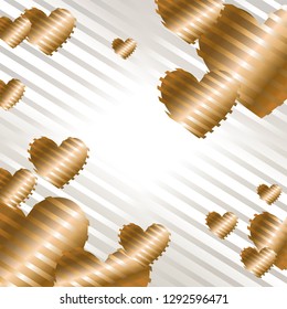 Romantic background with golden hearts on a white background with silk stripes, wallpaper. vector illustration eps 10