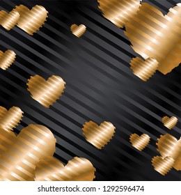 Romantic background with golden hearts on a black background with silk stripes, wallpaper. vector illustration eps 10