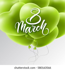 Romantic background with green heart shape balloon. 8 March. Vector illustration