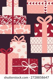 Fondo romántico para la tarjeta de felicitación con muchas cajas de regalo de San Valentín