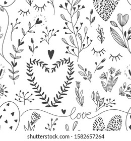 Romantic background with hand-drawn hearts and floral doodles. Seamless vector pattern. Can be used in design for Valentines Day, weddings and other romantic events.