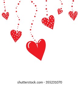Romantic background with hanging red hearts. Vector illustration.