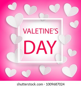 Romantic background Happy Valentine's Day with frame and white and red hearts on pink. For holiday decoration
