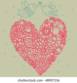 romantic background. heart made of flowers with cartoon flowers