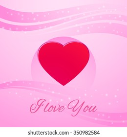Romantic background with heart and text "I love you" for Valentine's day, 14 February. Waves, glowing lights. Vector illustration