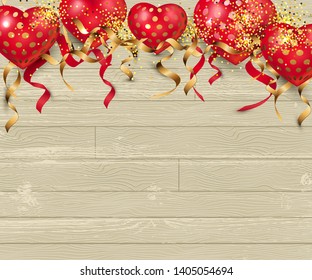 Romantic background with hearts and confetti on wood textured background. Place for text. Vector illustration for Happy Mother's, Valentine's, Women's day, greeting card, wedding, party invitation.