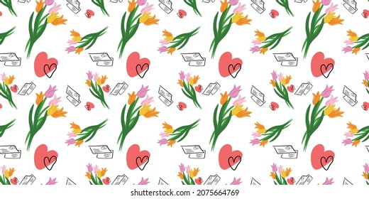Antecedentes románticos con corazones, flores, postal y carta. Patrón sin foco. Día de San Valentín o decoración de bodas. Dibujado. Para papeles pintados, antecedentes de páginas web, texturas, textiles. Doodle. 