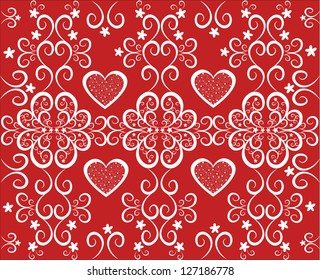 Romantic background with hearts. Graphic abstract vector illustration. Postcard print, template, seamless background. Design for print, decor, wallpaper, fabric, textile, wrapping paper. Red and white