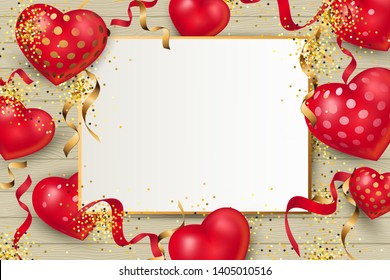 Romantic background with hearts and paper sheet with golden frame on wood textured background. Place for text. Vector illustration for Happy Mother's, Valentine's, Women's day, greeting card, wedding.