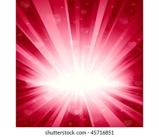 Romantic background with hearts and stars in pink.  Explosion of light, stars, and hearts. Background for your romantic designs. No transparencies. Light beams, hearts and stars on separate layers.