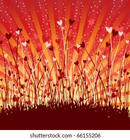 Romantic background with hearts and sun rays