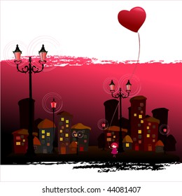romantic background with illustrated abstract city and little girl for valentine's day | vector
