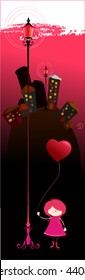 romantic background with illustrated abstract city and little girl for valentine's day | vector