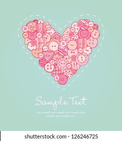 Romantic background with illustration of heart with buttons. Template for design greeting cards and invitation with place for your text