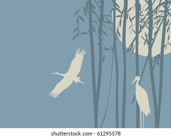 Romantic background illustration with storks and bamboo forest in the moonlight
