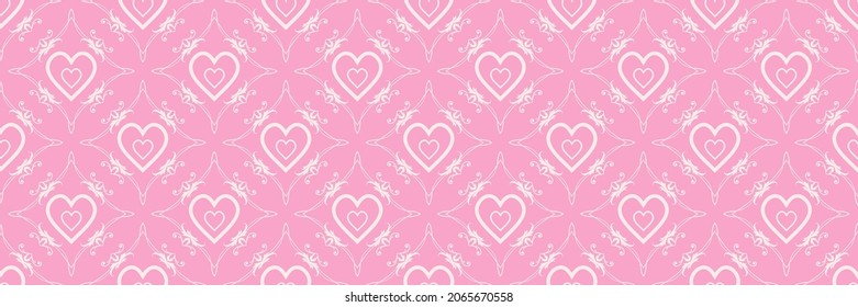 Romantic background image with hearts and decorative elements on light pink background for your design. Seamless background for wallpaper, textures. Vector illustration.
