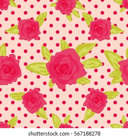 Romantic background with large roses on a pink background with polka dot. Cute vintage floral pattern. Vector illustration Ornament with painted flowers. Template repeating, seamless