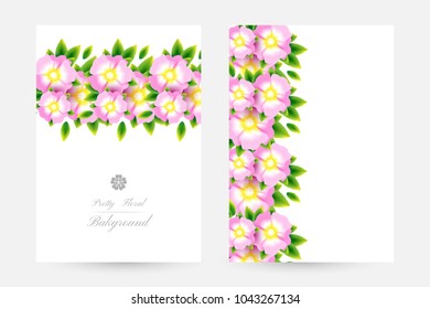 Romantic background with light pink blossoms with leaves. Floral design for cosmetics product or wedding invitation. Vertical posters with border elements