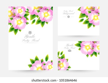 Romantic background with light pink blossoms with leaves. Floral design for cosmetics product or wedding invitation. Banners collection. Vertical poster and gift cards.
