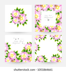 Romantic background with light pink blossoms with leaves. Floral design for cosmetics product or wedding invitation. Square banners with copy space