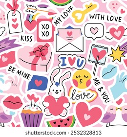 Romantic background with lots of cute cartoon stickers and hand written love phrases. Vector seamless pattern for Valentine's Day. 