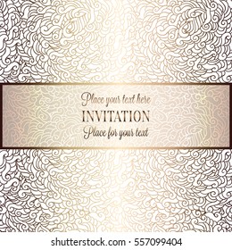 Romantic background with luxury holographic gold vintage frame, victorian banner, made of feathers wallpaper ornaments, invitation card, baroque style booklet, holography effect.