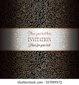 Romantic background with luxury holographic gold vintage frame, victorian banner, made of feathers wallpaper ornaments, invitation card, baroque style booklet, holography effect.