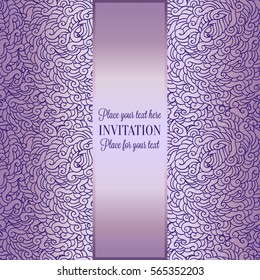Romantic background with luxury lilac with violet tracery vintage frame, victorian banner, made of feathers wallpaper ornaments, invitation card, baroque style booklet, fashion pattern.