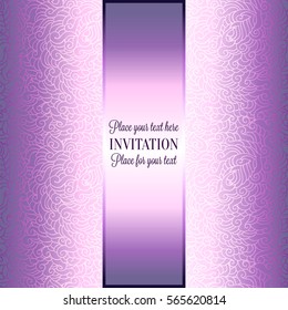 Romantic background with luxury purple and lilac vintage frame, victorian banner, made of feathers wallpaper ornaments, invitation card, baroque style booklet, fashion pattern.