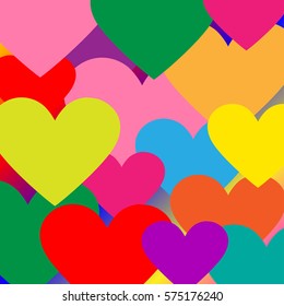 Romantic background with multicolored hearts. Colorful abstract bright festive backdrop for banners, leaflets, posters and websites. Happy Valentine's Day! Geometric texture. Print on textile