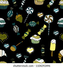 Romantic background on blue, green and black colors. Vector illustration. Seamless Calligraphic text and special trendy love heart design for Happy Valentine':s day vintage, card, poster background.