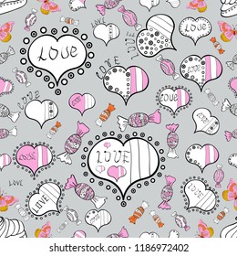 Romantic background on gray, white and black colors. Vector illustration. Seamless Calligraphic text and special trendy love heart design for Happy Valentine':s day vintage, card, poster background.