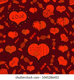 Romantic background on red, black and orange colors. Vector illustration. Seamless Calligraphic text and special trendy love heart design for Happy Valentine':s day vintage, card, poster background.