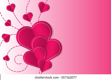 Romantic background with paper cut hearts, stitches and space for text.  Vector illustration.