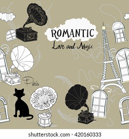 Romantic background with  Paris  and gramophones. Hand drawn sketches old record players. Vector music illustration