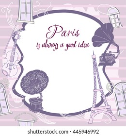 Romantic background with  Paris and gramophones. Hand drawn sketches old record players. Vector music illustration