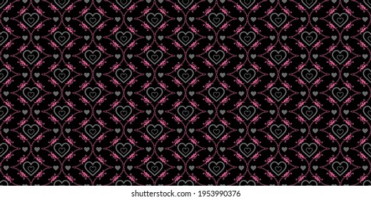 Romantic background pattern with hearts and floral ornament on a black background. Seamless pattern, texture for your design. Vector image 