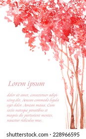 Romantic background with pink blossom trees. Watercolor card with copy space.