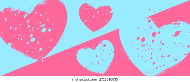 Fondo romántico con corazones de pincelada rosa y azul para invitaciones de boda o saludos de vacaciones de San Valentín. Ilustración vectorial.