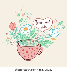 Romantic background with pink cup of coffee and flowers