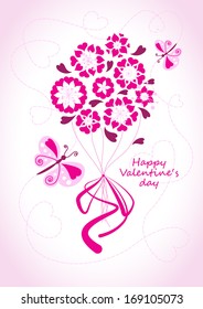 Romantic background with the pink flowers and butterflies