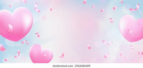 Romantic background with pink hearts and confetti. Soft pastel gradient perfect for banners, greeting cards, or love-themed designs. Valentine’s Day Vector illustration.